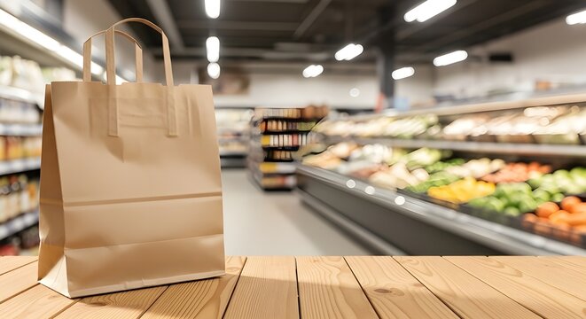 A brown paper grocery bag rests on a wooden surface in a blurred supermarket aisle setting