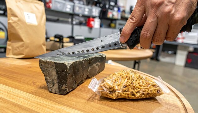 A man carefully sharpening a rugged survival knife on a stone for food preparation in a workspace, showcasing essential skills for wilderness survival and long term food management tasks.