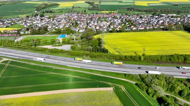 Idstein, Germany - April 23, 2026: Aerial view of dense traffic on German highway A3 between Bad Camberg and Idstein.