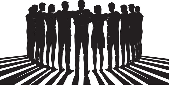 Group of people standing united with arms around each other
