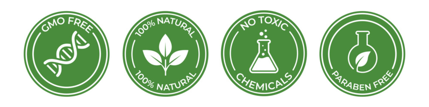 Set of Eco-Friendly and Natural Product Badges. GMO Free, 100% Natural, No Toxic Chemicals, and Paraben Free Icons