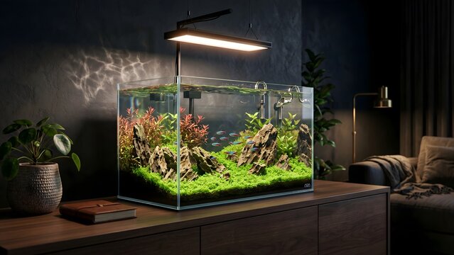 Cinematic planted nano aquarium on modern wooden cabinet, biophilic interior design and aquascaping