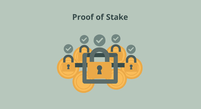 Flat minimalist illustration of proof of stake concept Crypto Bitcoin