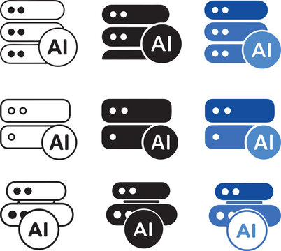 AI Server Icon Set &ndash; Artificial Intelligence Database and Cloud Storage Vector Collection in Outline, Solid and Blue Styles