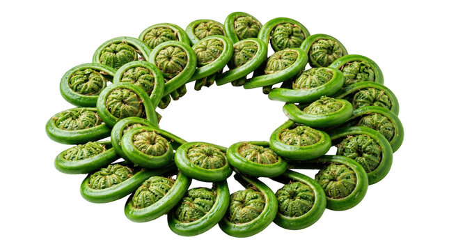 Circle arrangement of fresh green fern fiddleheads with fine dining forest floor young plant side dish seasonal food fiddleheads vegetable seasonal uncooked new growth unfurled botanical