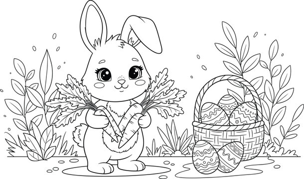 Black and white cartoon bunny holding carrots with Easter eggs basket, festive line drawing for kids coloring and holiday fun