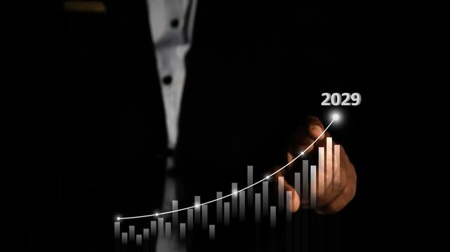 Business growth glowing upward trend 2029 animation, Businessman in tuxedo pointing at rising bar chart with glowing upward trend line