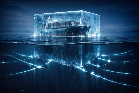 Maritime logistics standstill in Strait of Hormuz cargo ship trapped in translucent glass cube above broken glowing global trade routes supply chain disruption blockade