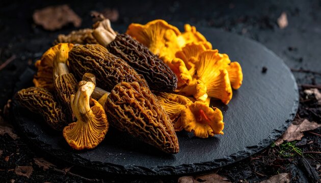 Fresh foraged chanterelle and morel mushrooms artfully arranged on a dark slate tray.