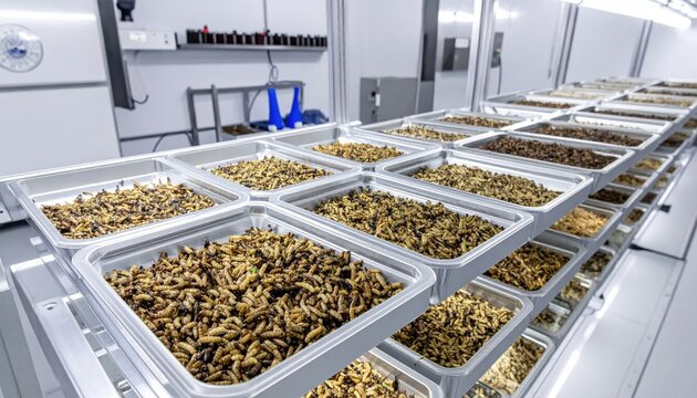 Rows of neatly organized plastic trays filled with protein rich insect larvae inside a modern industrial farming facility dedicated to sustainable food production and agricultural innovation.