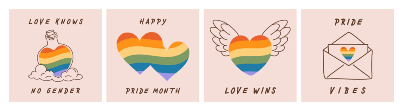 Hand-drawn doodle Pride Month pastel vector poster set.Illustration for supporting freedom lgbt, lgbtq, lgbtqia, sexual diversity, gay, community: rainbow heart, potion bottle, winged heart, envelope.