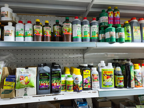 2026.04.25, Russia. Garden fertilizers and chemicals on store shelf