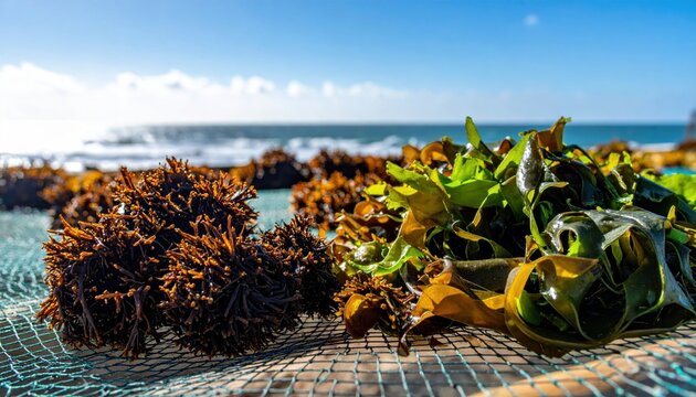 Fresh sea vegetables like kelp and dulse drying on a mesh rack near the ocean shore on a bright sunny day.