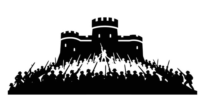 A large group of people are gathered in front of a castle