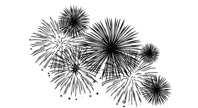 A black and white image of fireworks exploding in the night sky