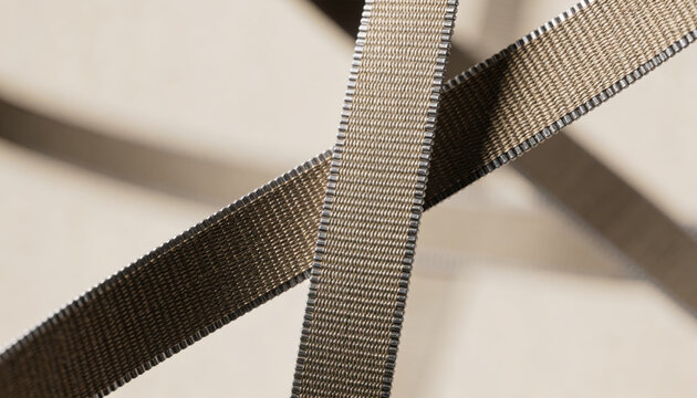 Woven beige ribbon crossing in abstract composition felon work prison quietly suggested in texture and light