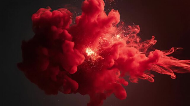 Red ink explosion in water with glowing particles. Abstract fluid motion and smoke effect. Cinematic background