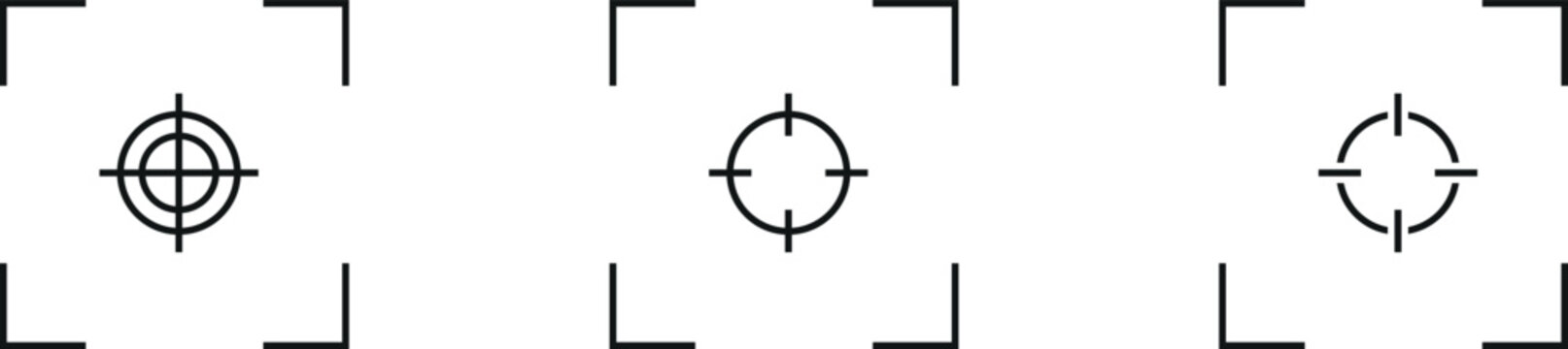 Three distinct vector outline target focus cross hair sight icons with minimalist camera viewfinder frames