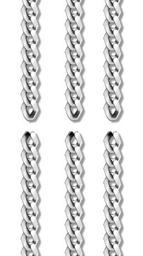Vertical silver metal chain links rows motion over a white background