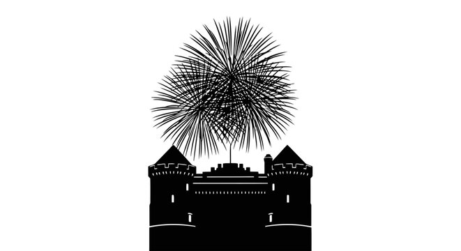 A black silhouette of a castle with a firework exploding above it