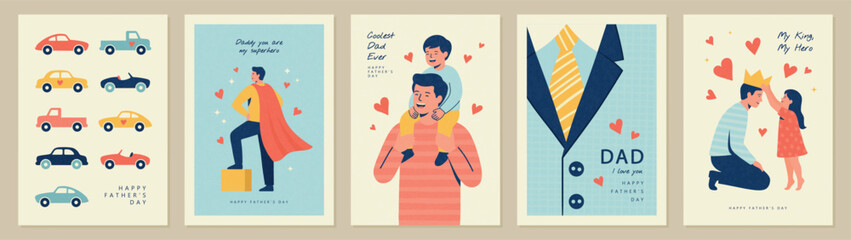 Collection of touching Father's Day greeting card templates in cozy flat style with grainy texture, featuring warm family moments and cute characters. Ideal for holiday greetings, print © Liliya