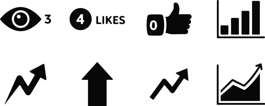 Social media analytics icons views likes growth and data visualization elements