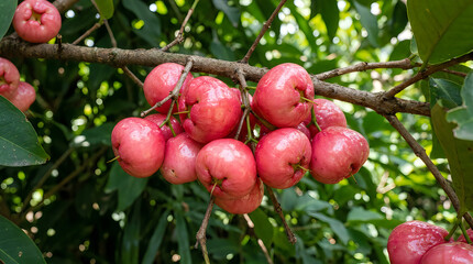 Obraz premium Ripe pink rose apples hanging in clusters on a leafy tree branch outdoors