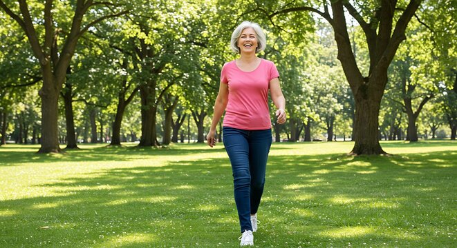 Radiant Mature Woman Smiling, Walking Confidently Through a Sun-Drenched Green Park Path.