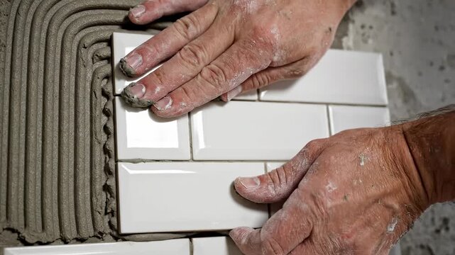 This shows a person laying white tiles on a floor during a home renovation project. The person's hands are dirty as they carefully place the tiles.