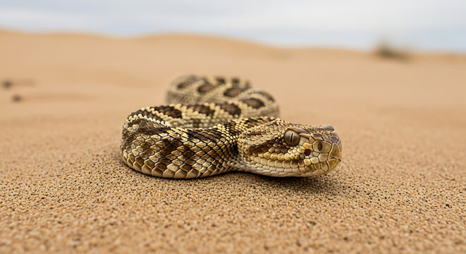 Sidewinder Rattlesnake Camouflaged in Desert Sand Monitoring Horizon
