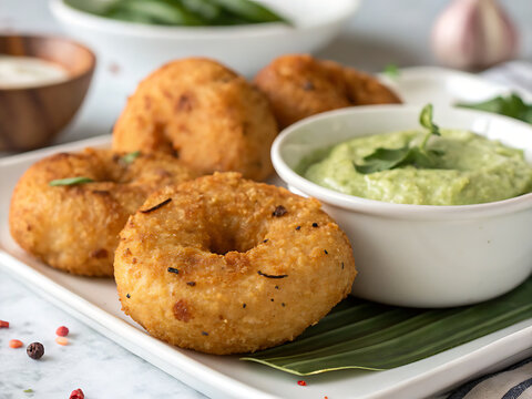 Vada with coconut chutney, crispy texture emphasis
