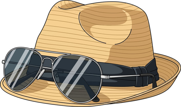 Classic straw fedora hat resting with dark aviator sunglasses displayed together to represent a stylish summer vacation look for travelers seeking comfort in the warm sun
