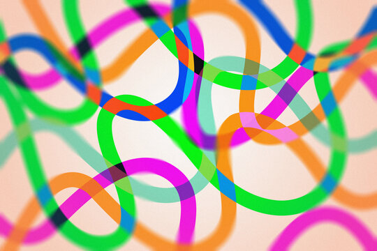 Colorful abstract background with vibrant tangled wavy lines and grainy texture.