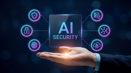 Obraz premium AI Security concept with glowing digital interface, cybersecurity protection and artificial intelligence data safety technology