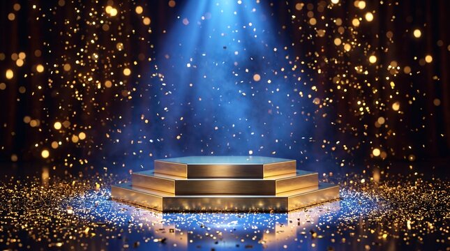 abstract Empty gold display podium illuminated by spotlight on dark stage with falling glitters for awards show.