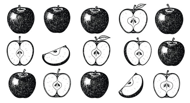 Detailed grid of apple sketches showcasing whole fruits cross sections and slices in a traditional woodcut or engraving style.