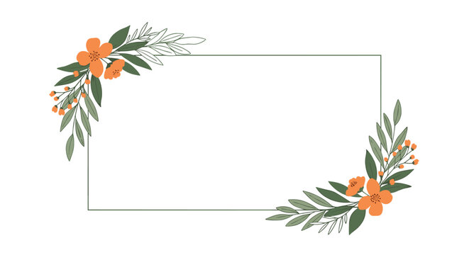 Minimalist rectangular frame adorned with delicate orange flowers and green leaves in two corners for elegant invitations or cards.