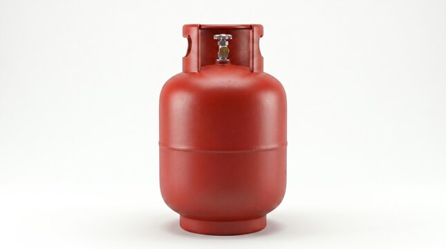 Red LPG  gas cylinder with valve mechanism isolated on clean white background studio shot.