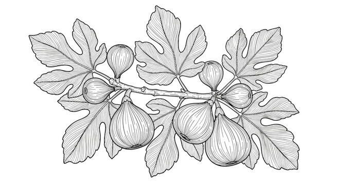 Detailed botanical illustration of a fig branch with large lobed leaves and several ripe fruits in a vintage woodcut or etched style.
