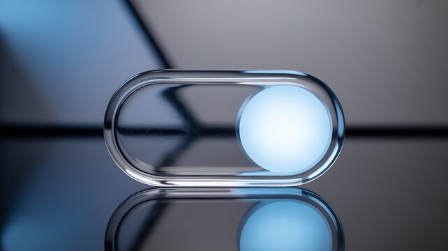 Glass paperweight with blue sphere on reflective surface still life minimalism