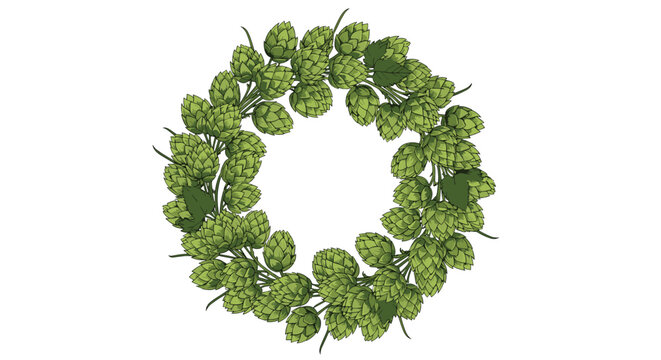 Circular wreath made of green hop cones and leaves arranged in a round frame for brewery branding or harvest festival decorations.