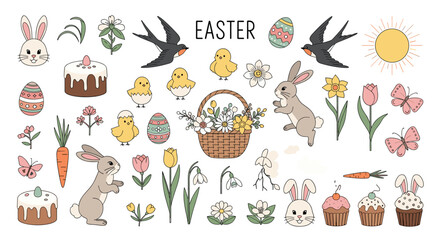 Obraz premium Comprehensive set of colorful Easter-themed illustrations featuring bunnies, chicks, decorated eggs, spring flowers, and treats.