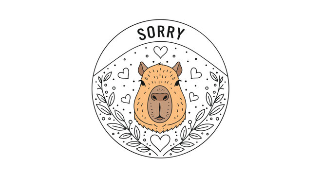Sweet capybara face illustration inside a circular frame decorated with hearts and olive branches with the word sorry above.