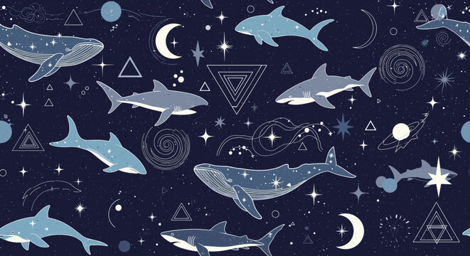 Whimsical seamless pattern featuring sharks and whales swimming through space among stars moons planets and geometric shapes on a dark blue background.