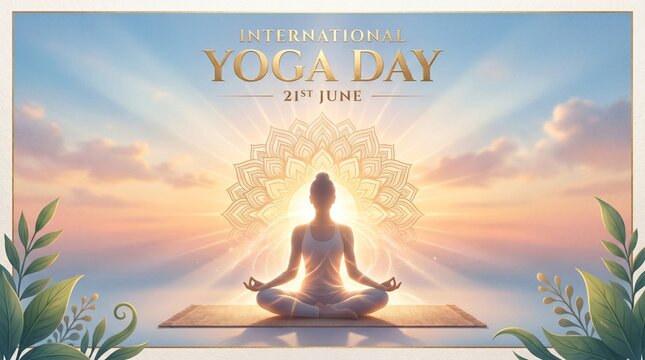 International yoga day poster with woman in meditation pose sitting against mandal sunset background.