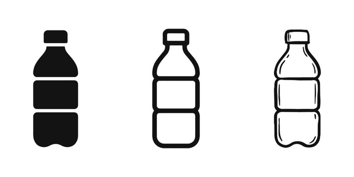 Plastic water bottle icons in solid, outline, and hand-drawn sketch styles for hydration themes