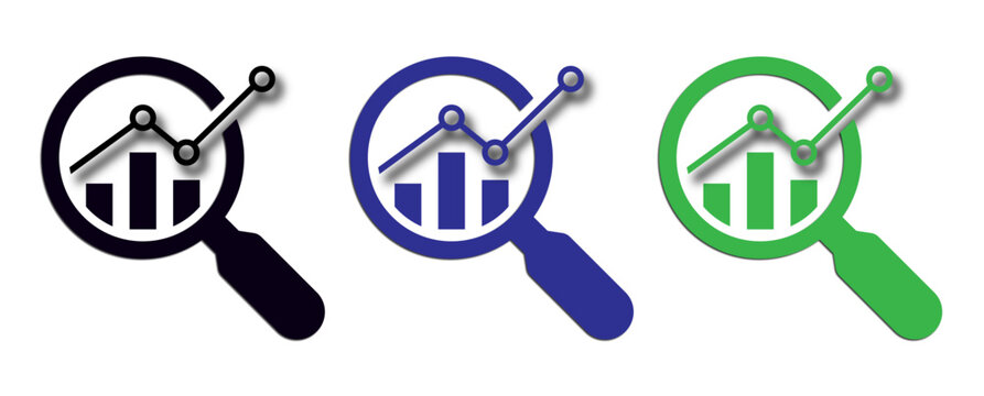 Search analytics icon set with growth chart, magnifying glass, business statistics, graph, report, finance, seo, data, marketing symbols in three color variations isolated style