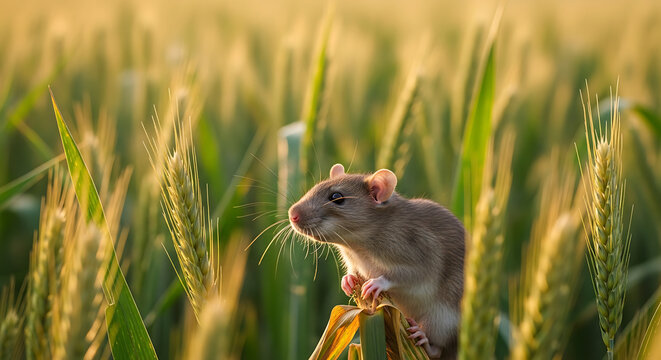 A small mouse standing on a wheat stalk in a field of tall green and yellow wheat