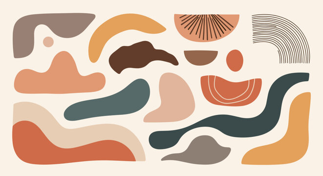 Contemporary abstract art collection featuring organic shapes and earthy color tones like terracotta, sage, and ochre for modern decor.