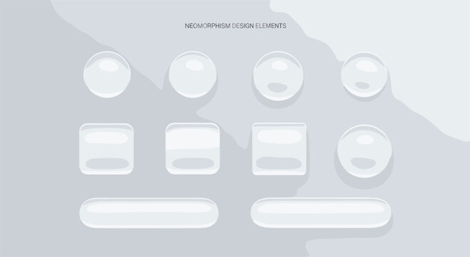 Set of neomorphism design elements with glossy 3D glass buttons and spheres, modern UI interface components for web and mobile application development